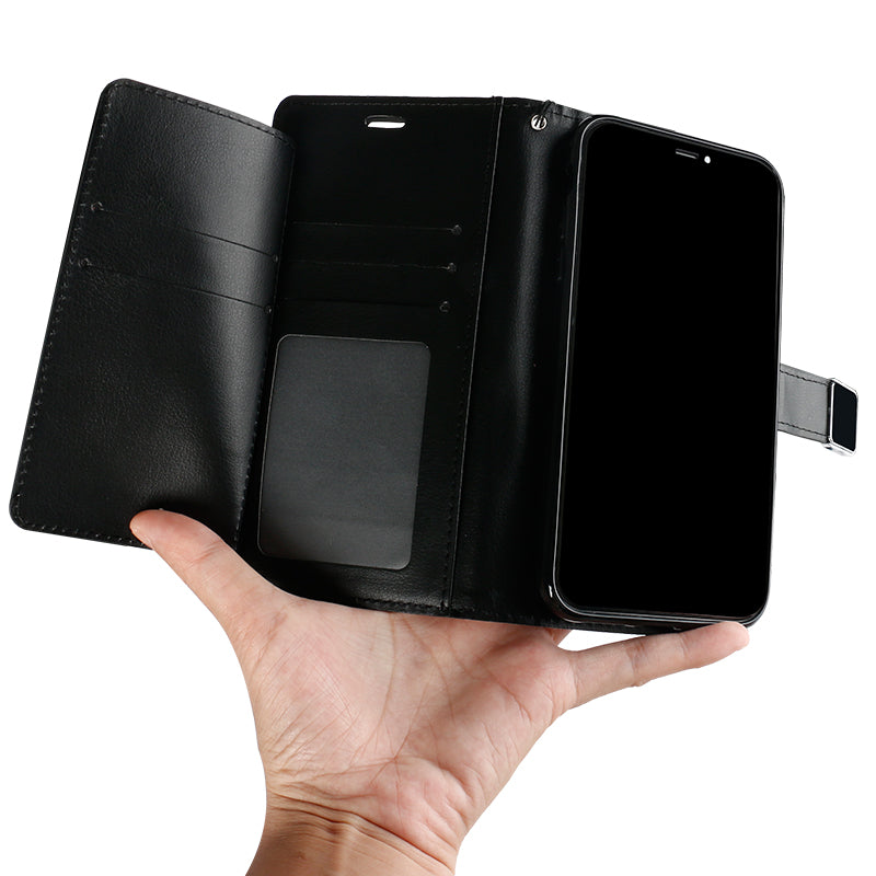 Multi Pockets Folio Flip Leather Wallet Case with Strap for iPhone 12